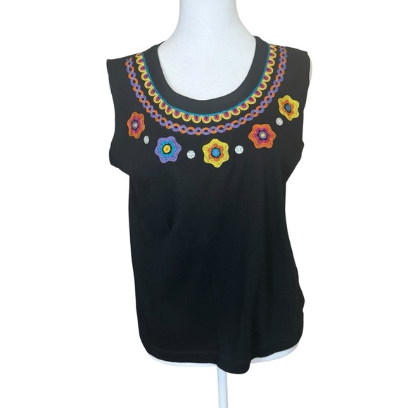 Lisa International Black Embroidered Jersey Knit Cardigan Tank Top Set Large - Picture 2 of 14